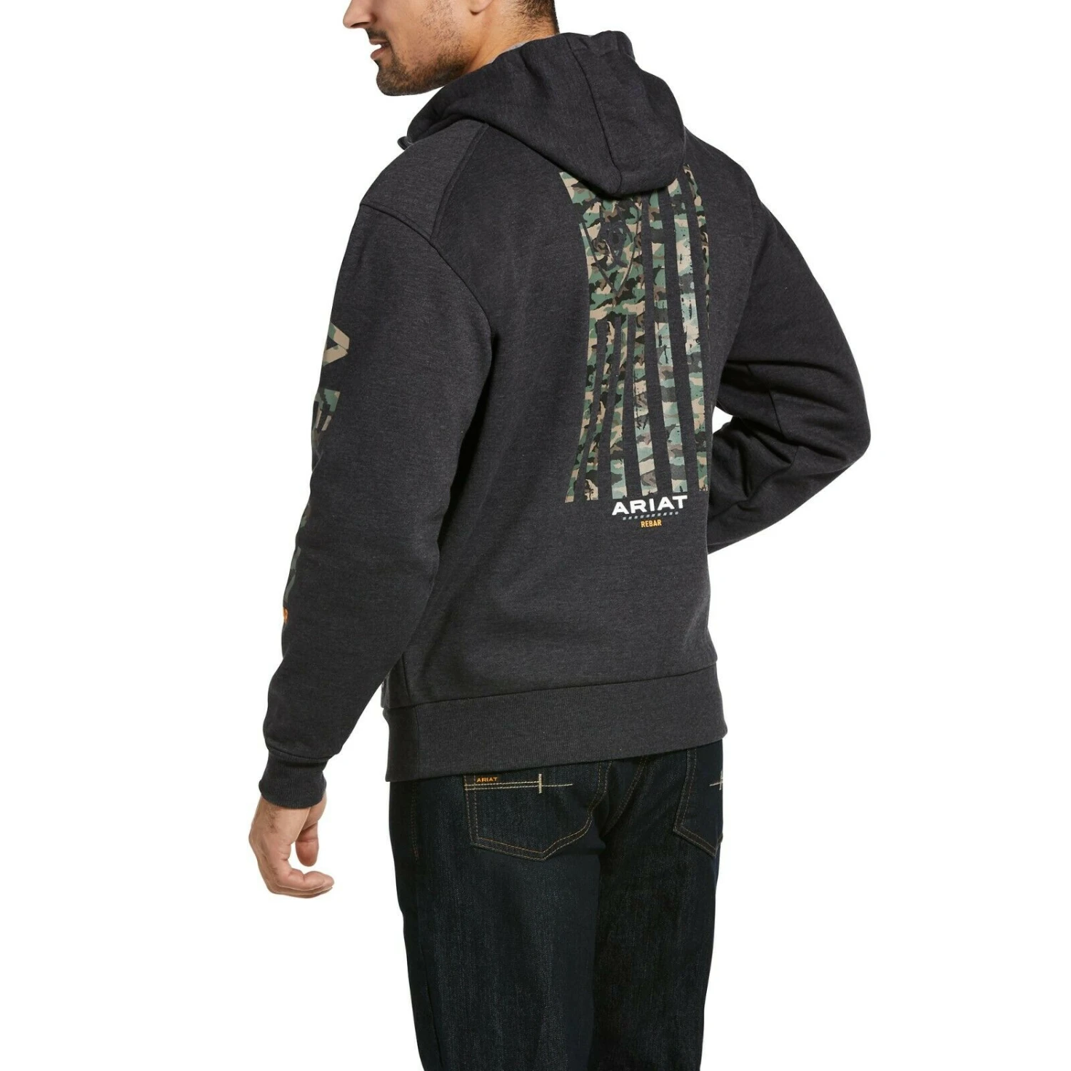 Ariat® Men's Rebar Camo Flag Full Zip Charcoal Hoodie Jacket 10032899 - Image 2