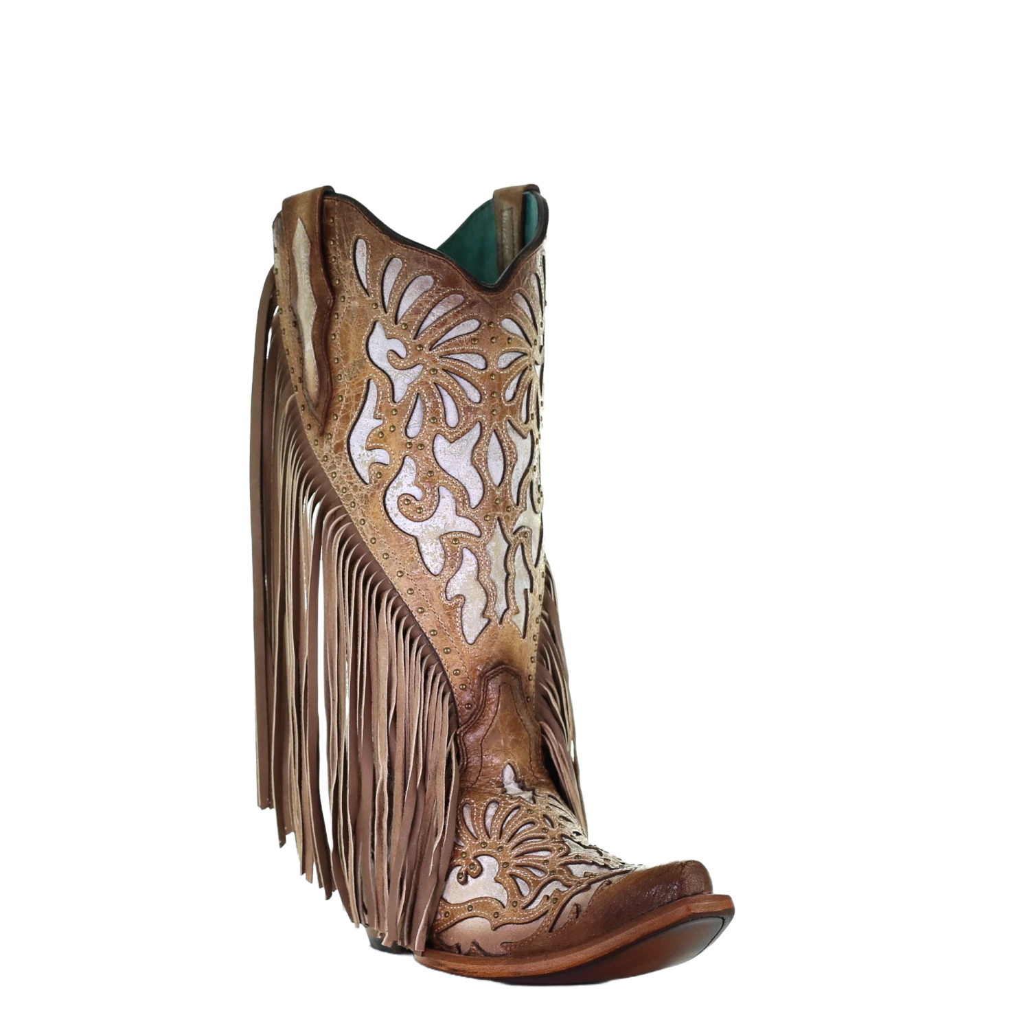 Corral Boots Corral Ladies Saddle Brown Lamb Inlay Embroidery & Fringe Boots C3766